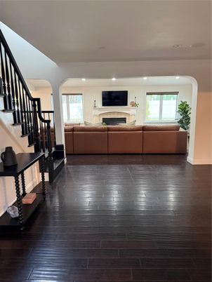 Fireplace, Interior, Living room, Recessed Lighting, Wood Texture Flooring