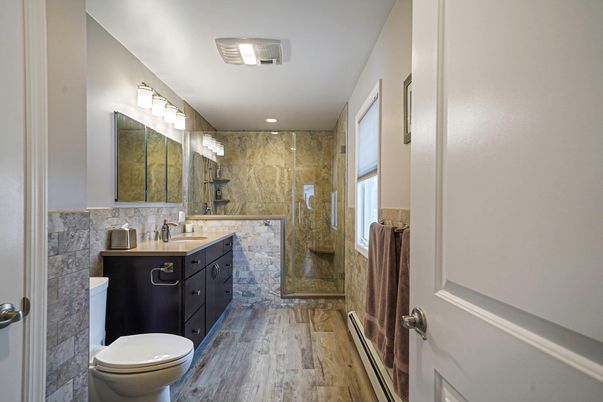 Bathroom, Glass Shower, Interior, Recessed Lighting, Wood Texture Flooring