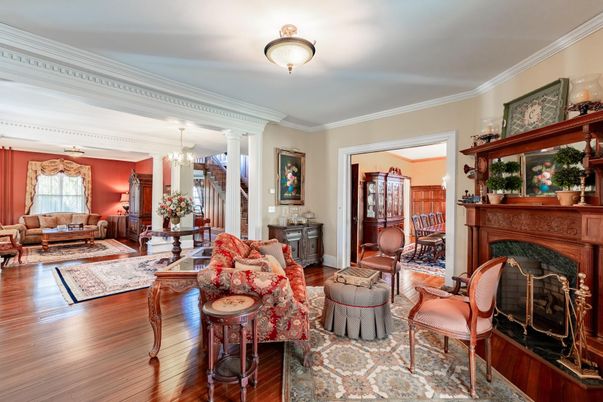 Chandelier, Dining room, Fireplace, Interior, Living room, Wood Texture Flooring