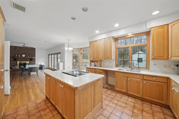 Dining room, Fireplace, Interior, Kitchen, Pendant Lights, Recessed Lighting, Stone Walls, Wood Texture Flooring