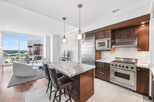 Interior, Kitchen, Living room, Pendant Lights, Recessed Lighting, Stainless Steel Appliances, Wood Texture Flooring