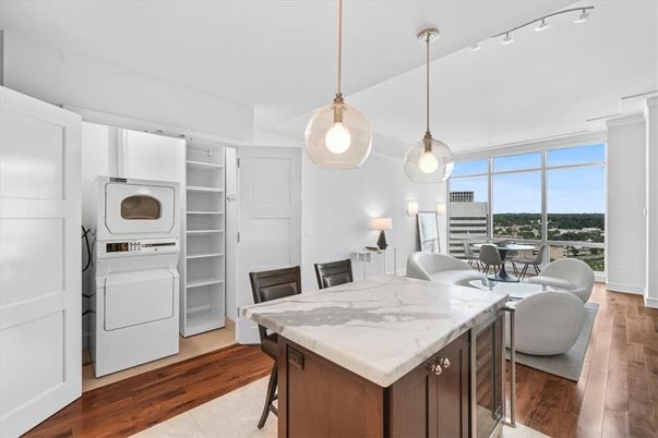 Dining room, Interior, Kitchen, Pendant Lights, Wood Texture Flooring
