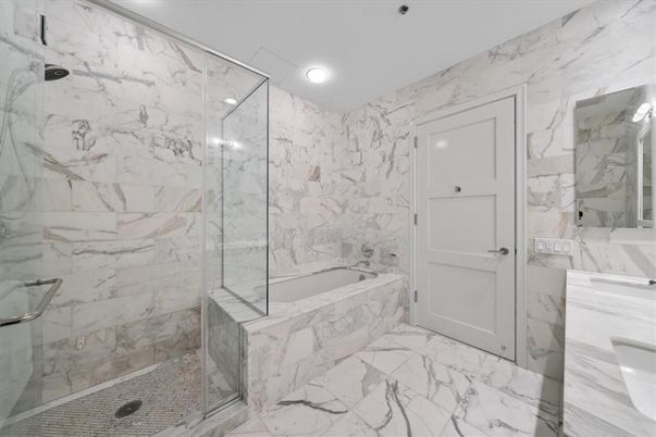 Bathroom, Glass Shower, Interior, Marble, Marble Walls, Recessed Lighting