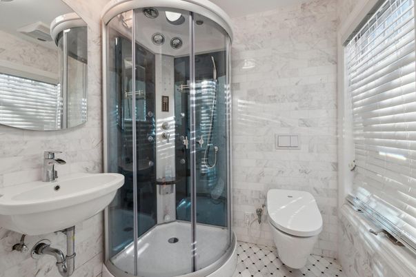 Bathroom, Glass Shower, Interior, Marble Walls