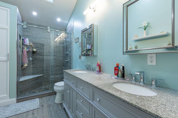 Bathroom, Dual Sink Vanities, Glass Shower, Interior, Recessed Lighting