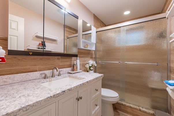 Bathroom, Glass Shower, Interior, Recessed Lighting, Wood Texture Flooring