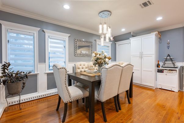 Dining room, Interior, Pendant Lights, Recessed Lighting, Wood Texture Flooring