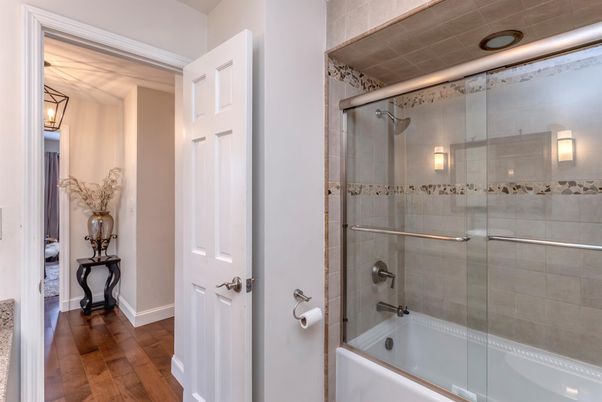 Bathroom, Glass Shower, Interior, Wood Texture Flooring