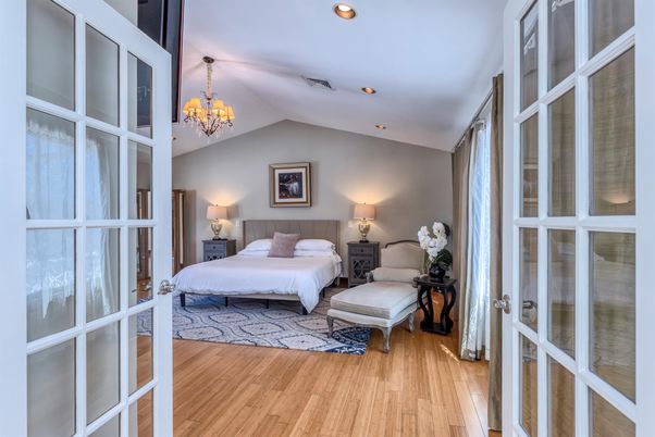 Bedroom, Chandelier, Interior, Recessed Lighting, Wood Texture Flooring