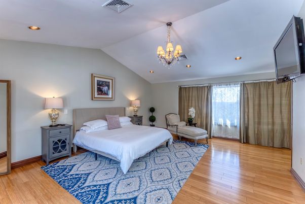 Bedroom, Chandelier, Interior, Recessed Lighting, Wood Texture Flooring