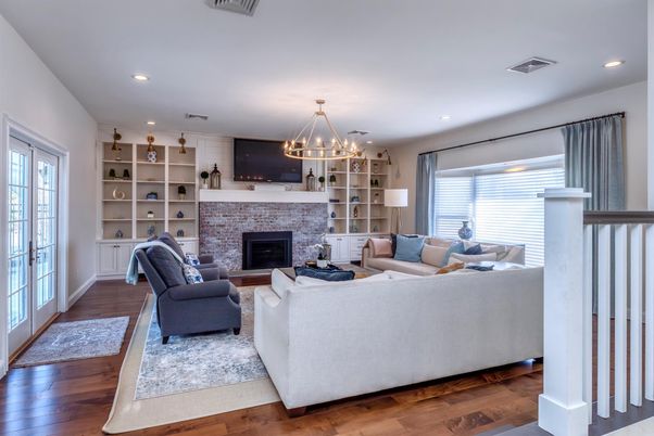 Fireplace, Interior, Living room, Recessed Lighting, Wood Texture Flooring