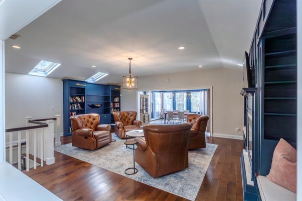 Dining room, Fireplace, Interior, Living room, Pendant Lights, Recessed Lighting, Wood Texture Flooring