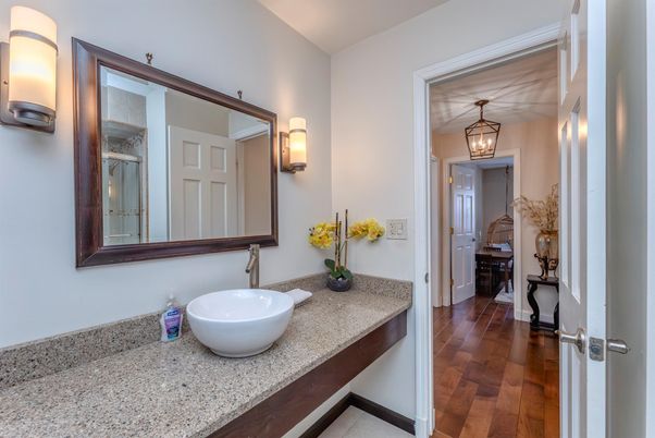 Bathroom, Interior, Pendant Lights, Wood Texture Flooring