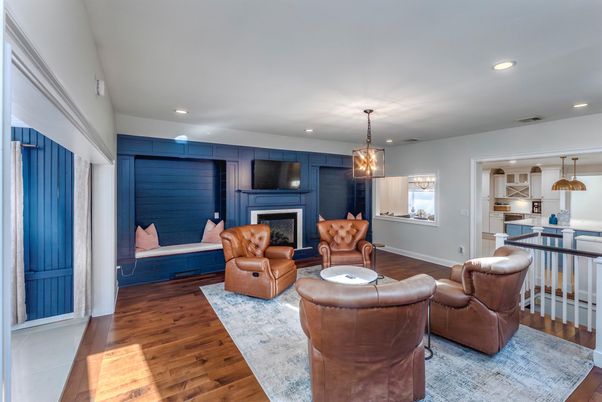 Fireplace, Interior, Living room, Pendant Lights, Recessed Lighting, Wood Texture Flooring