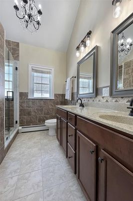 Bathroom, Chandelier, Dual Sink Vanities, Glass Shower, Interior