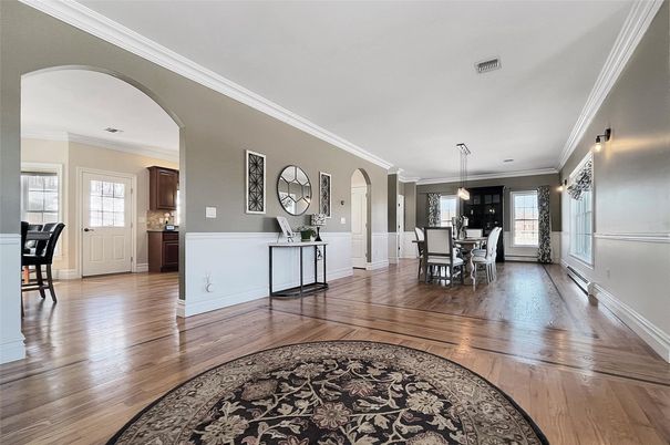 Dining room, Interior, Pendant Lights, Wood Texture Flooring