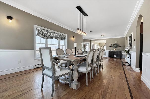Dining room, Interior, Pendant Lights, Wood Texture Flooring