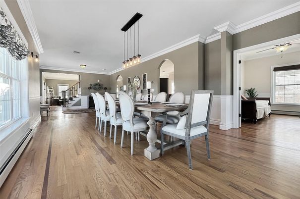 Dining room, Interior, Pendant Lights, Wood Texture Flooring