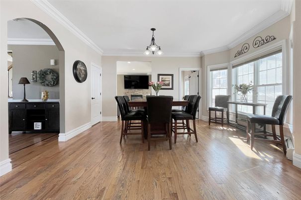Dining room, Interior, Pendant Lights, Wood Texture Flooring