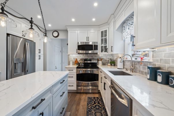 Interior, Kitchen, Pendant Lights, Recessed Lighting, Stainless Steel Appliances, Wood Texture Flooring