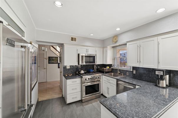 Interior, Kitchen, Recessed Lighting, Stainless Steel Appliances, Wood Texture Flooring
