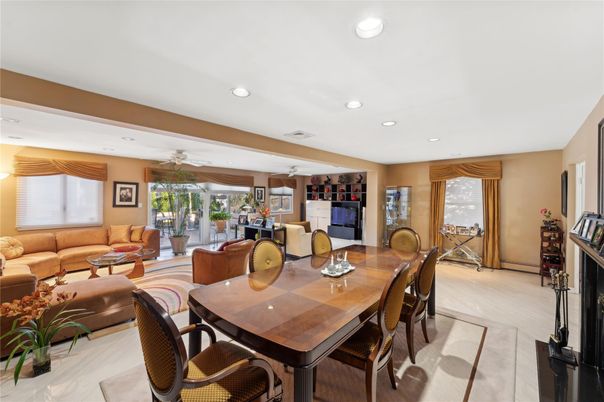 Dining room, Fireplace, Interior, Living room, Recessed Lighting