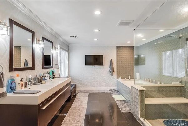 Bathroom, Dual Sink Vanities, Glass Shower, Interior, Recessed Lighting