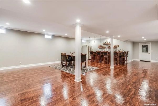 Dining room, Interior, Pendant Lights, Recessed Lighting, Wood Texture Flooring