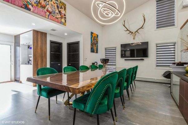 Dining room, Interior, Pendant Lights, Recessed Lighting, Wood Texture Flooring