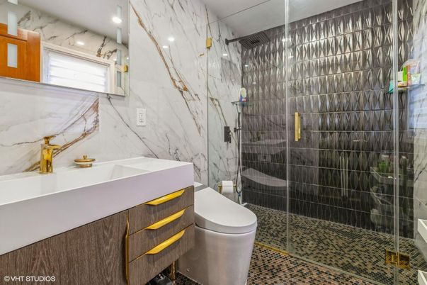 Bathroom, Glass Shower, Interior, Marble Walls, Recessed Lighting
