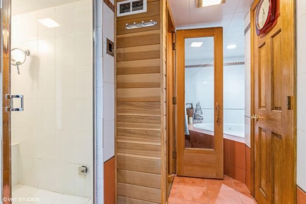 Bathroom, Glass Shower, Interior, Recessed Lighting, Wooden Walls