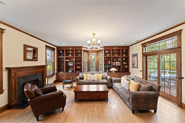Chandelier, Fireplace, Interior, Living room, Recessed Lighting, Wood Texture Flooring