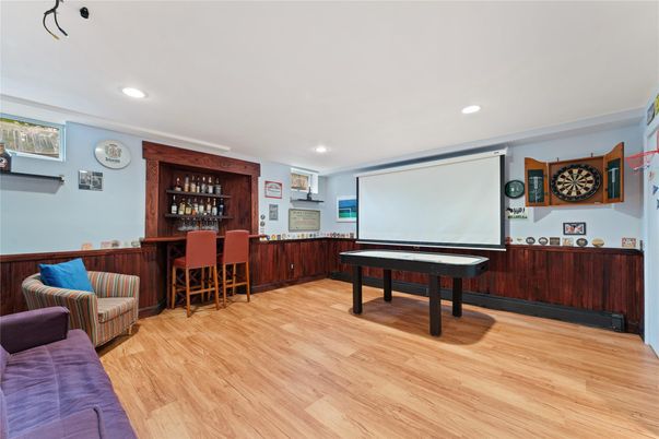 Billiard Table, Game Room, Interior, Recessed Lighting, Wood Texture Flooring