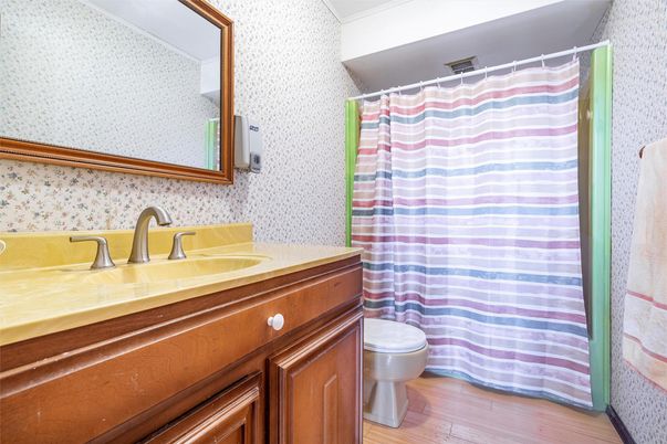 Bathroom, Interior, Tile Countertops, Wood Texture Flooring