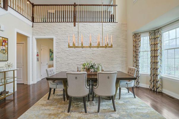 Dining room, Interior, Pendant Lights, Stone Walls, Wood Texture Flooring