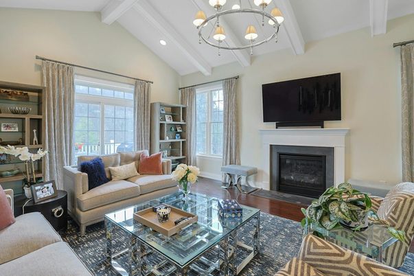 Chandelier, Fireplace, Interior, Living room, Recessed Lighting, Wood Texture Flooring