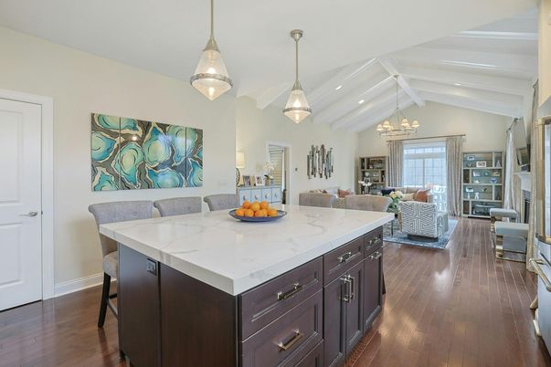 Dining room, Fireplace, Interior, Living room, Pendant Lights, Recessed Lighting, Wood Texture Flooring