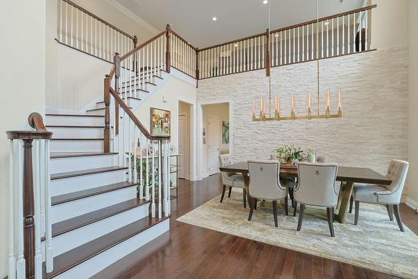 Dining room, Interior, Pendant Lights, Recessed Lighting, Wood Texture Flooring