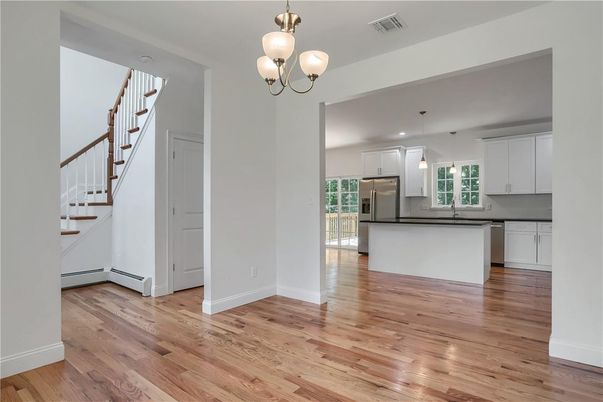 Chandelier, Interior, Kitchen, Pendant Lights, Stainless Steel Appliances, Wood Texture Flooring