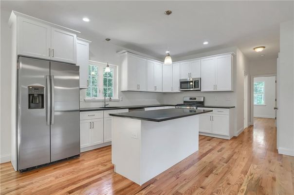 Interior, Kitchen, Pendant Lights, Recessed Lighting, Stainless Steel Appliances, Wood Texture Flooring