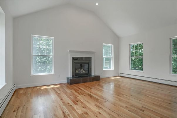Empty room, Fireplace, Interior, Recessed Lighting, Wood Texture Flooring
