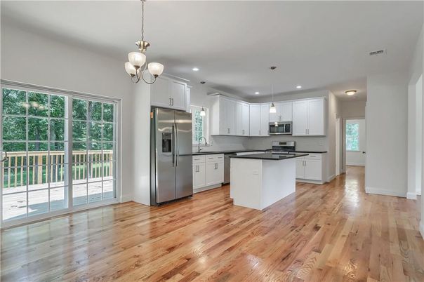 Interior, Kitchen, Pendant Lights, Recessed Lighting, Stainless Steel Appliances, Wood Texture Flooring