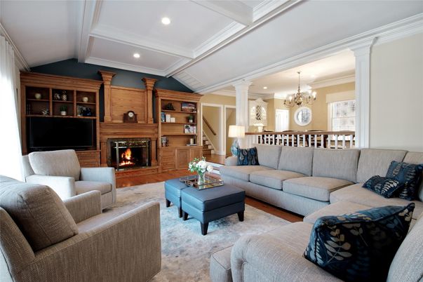 Chandelier, Dining room, Fireplace, Interior, Living room, Recessed Lighting, Wood Texture Flooring