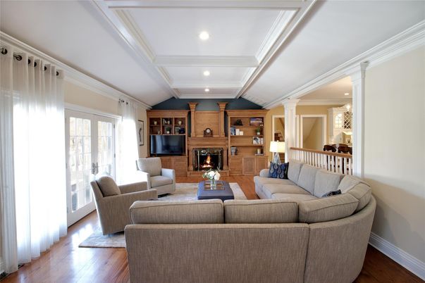 Fireplace, Interior, Living room, Recessed Lighting, Wood Texture Flooring