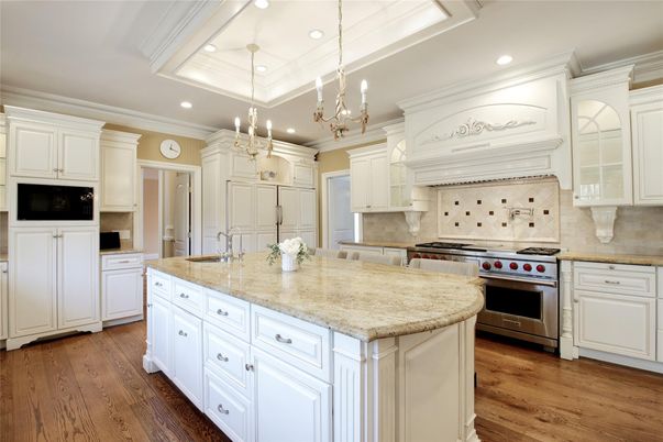 Chandelier, Interior, Kitchen, Pendant Lights, Recessed Lighting, Stainless Steel Appliances, Wood Texture Flooring