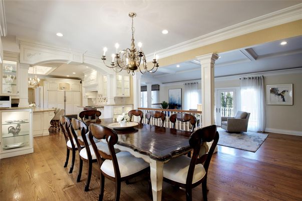 Chandelier, Dining room, Interior, Kitchen, Recessed Lighting, Wood Texture Flooring