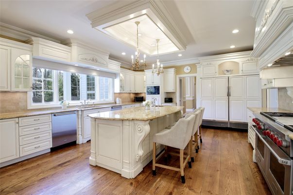 Chandelier, Interior, Kitchen, Pendant Lights, Recessed Lighting, Stainless Steel Appliances, Wood Texture Flooring