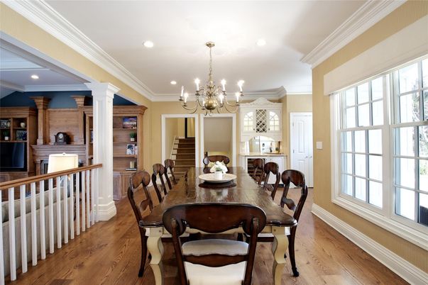 Chandelier, Dining room, Fireplace, Interior, Recessed Lighting, Wood Texture Flooring
