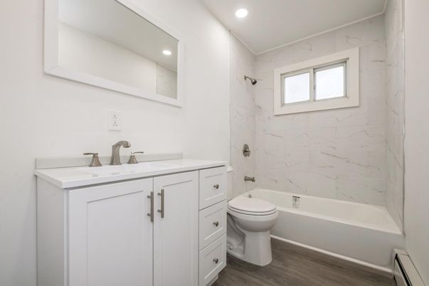 Bathroom, Interior, Marble Walls, Recessed Lighting, Wood Texture Flooring