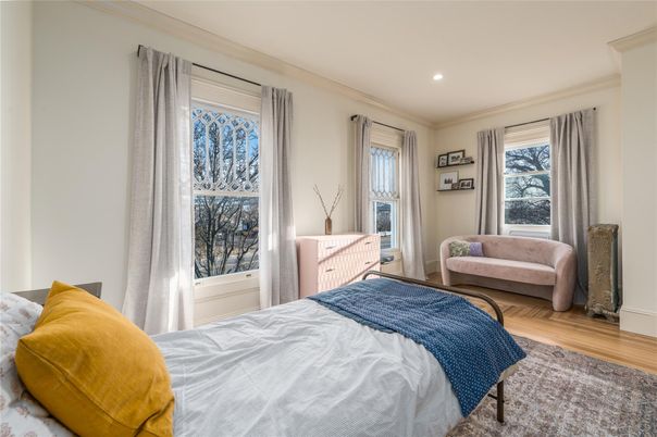 Bedroom, Interior, Recessed Lighting, Wood Texture Flooring